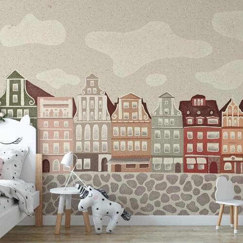 Fototapeta Plac Solny - kolorowe ilustrowane kamieniczki na tle nieba z chmurami 100×70 cm, flizelina standard