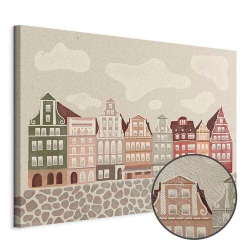 Obraz na płótnie Plac Solny - kolorowe ilustrowane kamieniczki na tle nieba z chmurami 60×40 cm, płótno standard