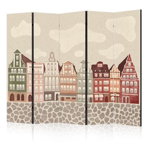 Parawan Plac Solny - kolorowe ilustrowane kamieniczki na tle nieba z chmurami 225×172 cm, jednostronny