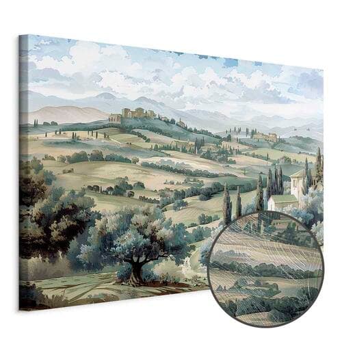 Obraz na płótnie Pejzaż z zielonymi polami i drzewami toskański słoneczny widok 120×80 cm, płótno standard