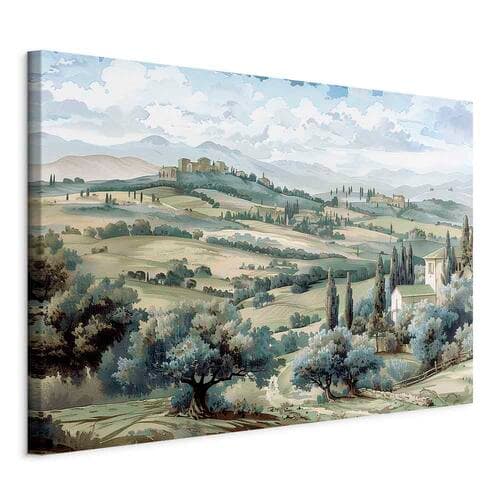 Obraz na płótnie Pejzaż z zielonymi polami i drzewami toskański słoneczny widok 30×20 cm, płótno włoskie