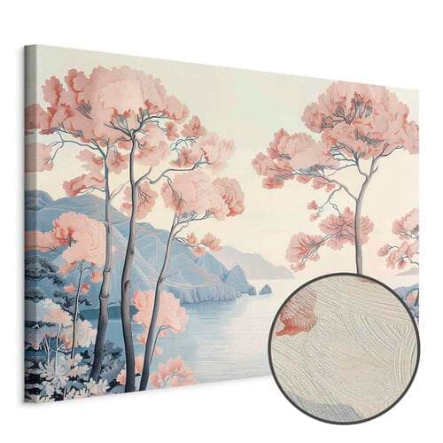Картина на холсте Pejzaż z oceanem klifami i drzewami w delikatnych różowych barwach 120×80 см, стандартный холст