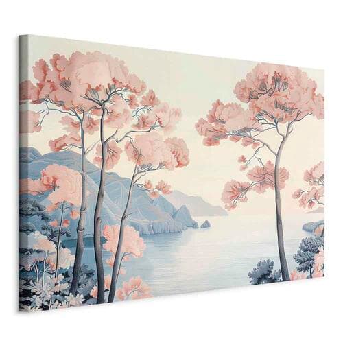 Obraz na płótnie Pejzaż z oceanem klifami i drzewami w delikatnych różowych barwach 30×20 cm, płótno włoskie