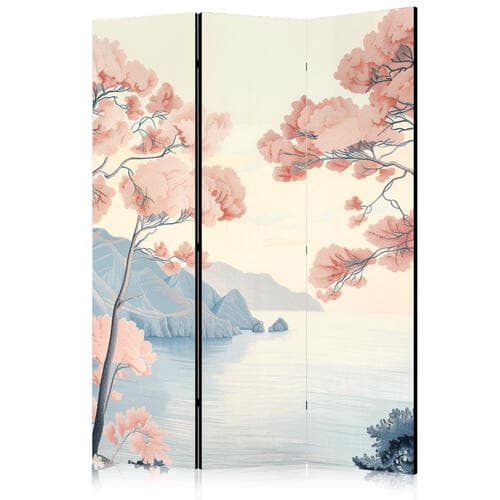 Paravent Pejzaż z oceanem - klifami i drzewami w delikatnych różowych barwach 135×172 cm, akustisch