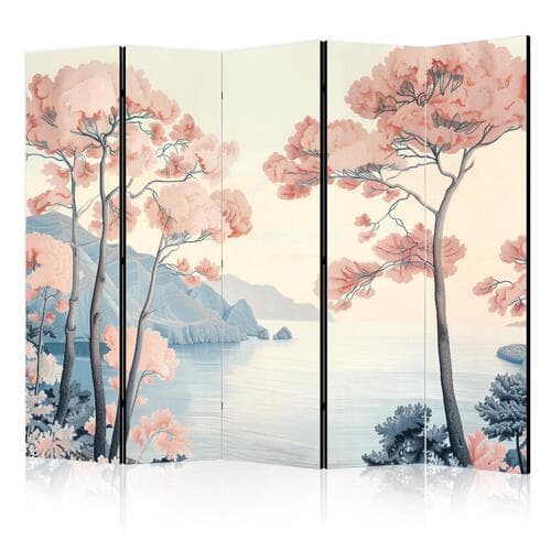 Room divider Pejzaż z oceanem - klifami i drzewami w delikatnych różowych barwach 225×172 cm, one-sided
