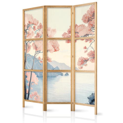 Japanischer Paravent Pejzaż z oceanem - klifami i drzewami w delikatnych różowych barwach 135×172 cm, japanisch