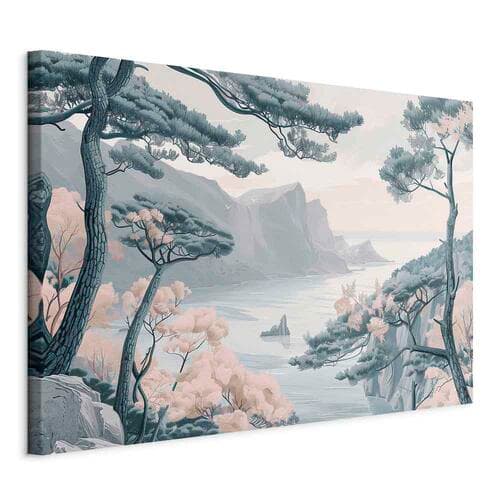 Obraz na płótnie Górzyste wybrzeże z drzewami i skałami w lekkich pastelowych błękitach 30×20 cm, płótno włoskie