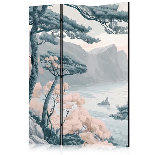 Parawan Górzyste wybrzeże z drzewami i skałami - w lekkich pastelowych błękitach 135×172 cm, jednostronny