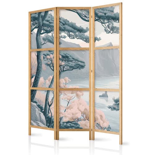 Japanischer Paravent Górzyste wybrzeże z drzewami i skałami - w lekkich pastelowych błękitach 135×172 cm, japanisch