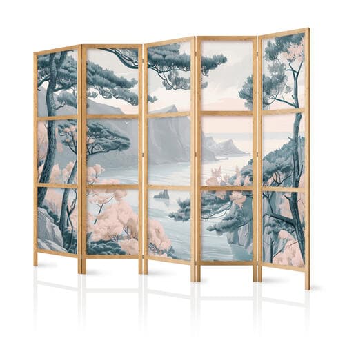 Japanischer Paravent Górzyste wybrzeże z drzewami i skałami - w lekkich pastelowych błękitach 225×172 cm, japanisch