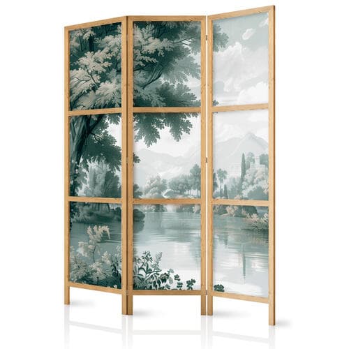 Japanischer Paravent Widok na park i jezioro - retro vintage pejzaż w zieleniach 135×172 cm, japanisch