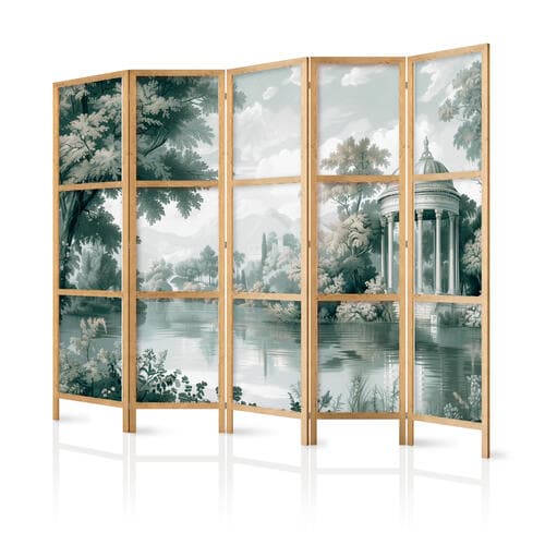 Japanischer Paravent Widok na park i jezioro - retro vintage pejzaż w zieleniach 225×172 cm, japanisch