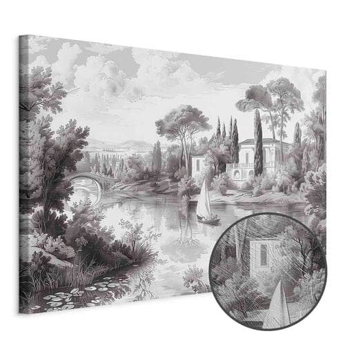 Obraz na płótnie Czarno-biały pejzaż vintage retro widok na staw z łódką 30×20 cm, płótno standard