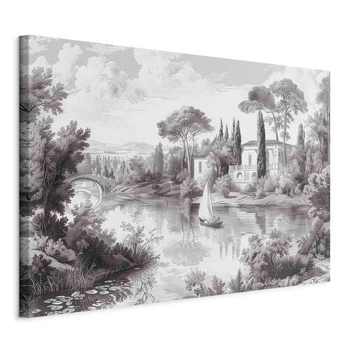 Obraz na płótnie Czarno-biały pejzaż vintage retro widok na staw z łódką 120×80 cm, płótno włoskie