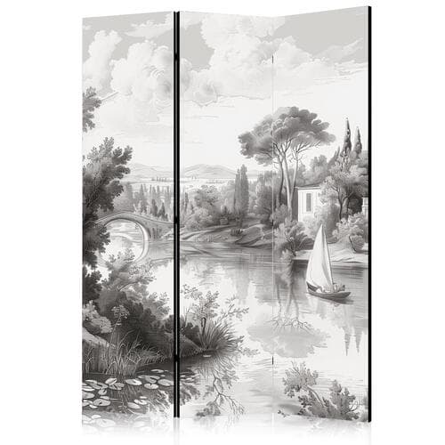 Parawan Czarno-biały pejzaż vintage - retro widok na staw z łódką 135×172 cm, akustyczny