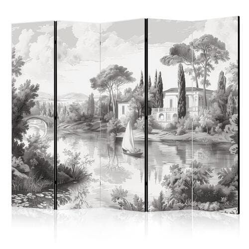 Parawan Czarno-biały pejzaż vintage - retro widok na staw z łódką 225×172 cm, akustyczny