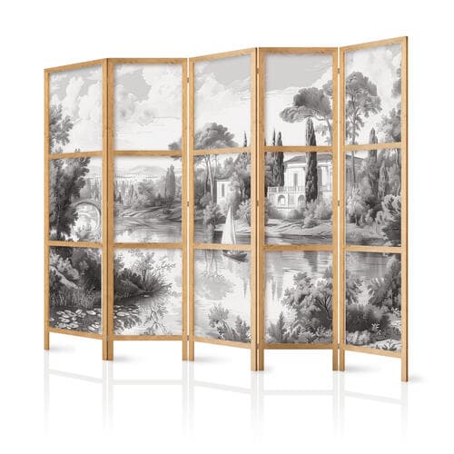 Parawan japoński Czarno-biały pejzaż vintage - retro widok na staw z łódką 225×172 cm, japoński