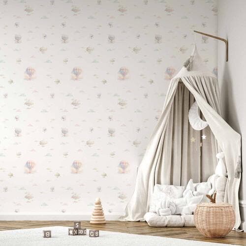 Tapeta Akwarela - kolorowe balony i sterowce na tle kolorowych chmur 50×1000 cm, flizelina standard