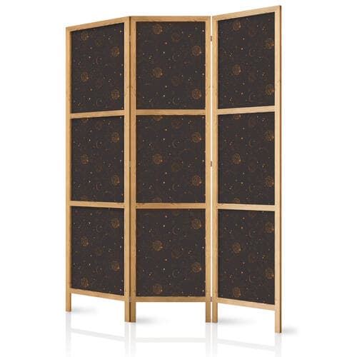Japanese room divider Nocne Niebo - artystyczna kompozycja słońc i planet na czarnym tle 135×172 cm, Japanese