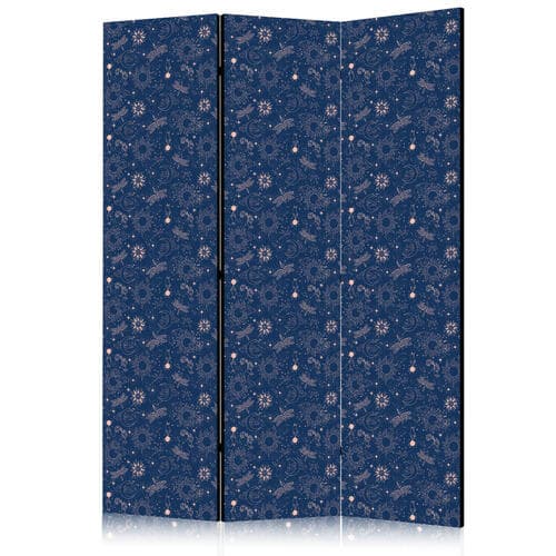 Parawan Kosmiczna Fantazja - wzór z słońcami księżycami i ważkami na ciemnym tle 135×172 cm, akustyczny