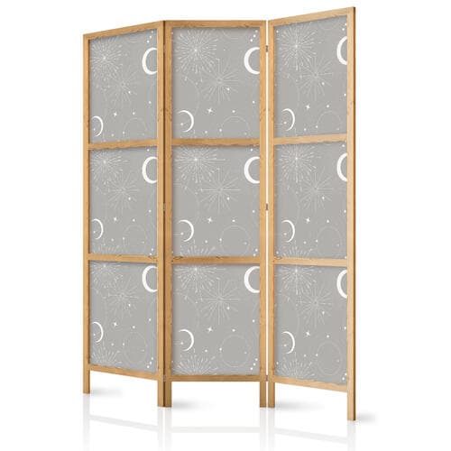 Japanese room divider Kosmiczne Fajerwerki - elegancki wzór z księżycami i gwiazdami na szarym tle 225×172 cm, Japanese