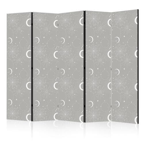 Parawan Kosmiczne Fajerwerki - elegancki wzór z księżycami i gwiazdami na szarym tle 225×172 cm, jednostronny