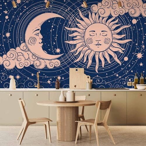 Fototapeta Kosmiczna Harmonia - ilustracja słońca i księżyca na granatowym tle 100×70 cm, materiał wodoodporny