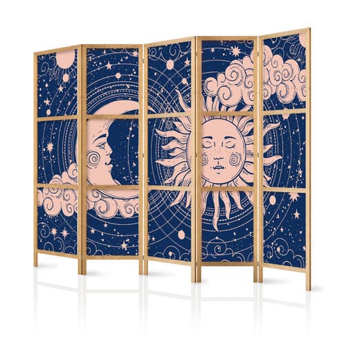 Japanese room divider Kosmiczna Harmonia - ilustracja słońca i księżyca na granatowym tle 225×172 cm, Japanese