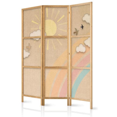 Parawan japoński Wakacyjne niebo - tęcza w słoneczny dzień i odlatujące ptaszki 135×172 cm, japoński