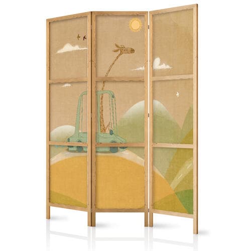 Parawan japoński Rozmarzona podróżniczka - żyrafa jadąca autem w piękny słoneczny dzień 135×172 cm, japoński