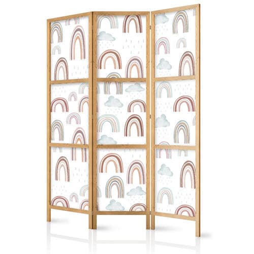 Parawan japoński Tęcze i chmury - Tęcze rozmaitych wielkości w stonowanej kolorystyce pośród deszczowych chmur w odcieniu blado-niebieskim 135×172 cm, japoński