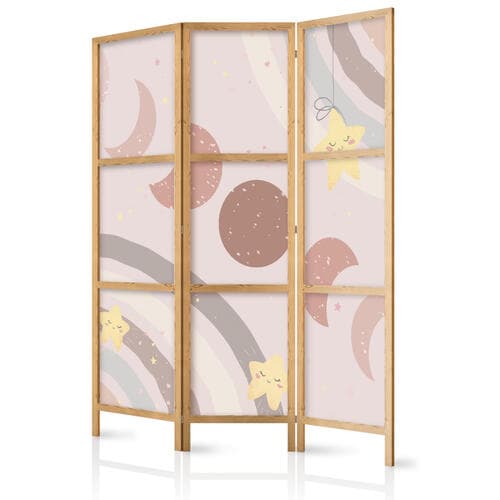 Parawan japoński Radosne niebo - Żółte wesołe gwiazdki z tęczą na tle faz księżyca - na niebie w kolorystyce jasnego beżu 135×172 cm, japoński