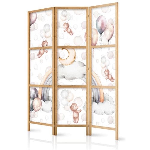 Parawan japoński Pluszowe misie z balonikami - Latające jasno-brązowe misie pośród balonów - chmur i tęczy w stonowanej - pastelowej kolorystyce 135×172 cm, japoński