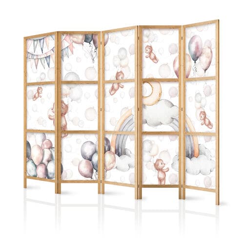 Japanischer Paravent Pluszowe misie z balonikami - Latające jasno-brązowe misie pośród balonów - chmur i tęczy w stonowanej - pastelowej kolorystyce 225×172 cm, japanisch