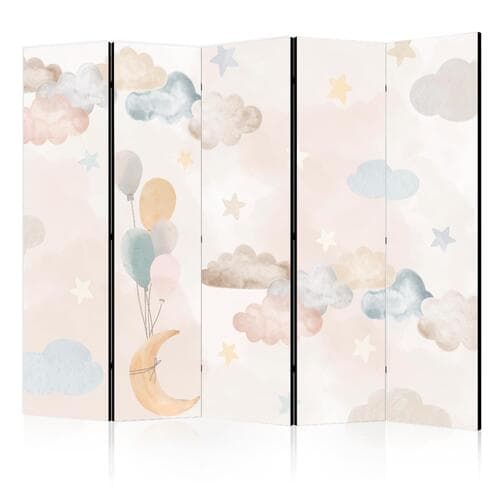 Room divider Baśniowy księżyc - Księżyc z balonikami wśród chmur i gwiazdek w stonowanych kolorach na jasnym - beżowym tle 225×172 cm, one-sided