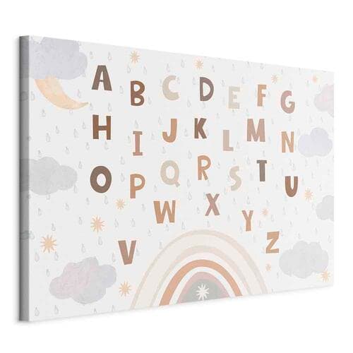 Canvas print Literki ponad tęczą - Literki pośród strug deszczu i chmur z tęczą księżycem i gwiazdkami na jasnym tle 30×20 cm, Italian canvas