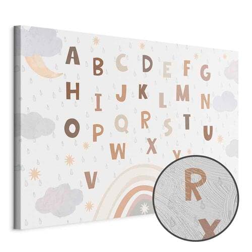 Obraz na płótnie Literki ponad tęczą - Literki pośród strug deszczu i chmur z tęczą księżycem i gwiazdkami na jasnym tle 30×20 cm, płótno standard
