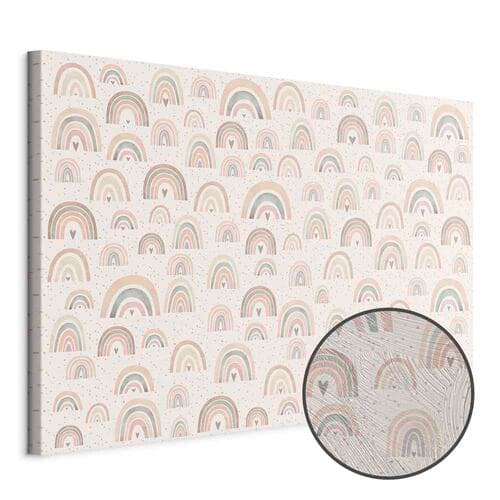 Leinwandbild Wiosna - pastelowe tęcze z serduszkami w deszczowy dzień 120×80 cm, Standardleinwand