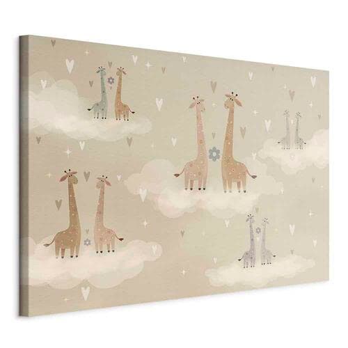 Leinwandbild Miłość - kolorowe żyrafy unoszące się na chmurach wśród serc i gwiazd 60×40 cm, Standardleinwand