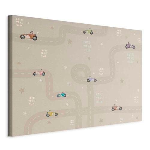 Leinwandbild Wyścig - kolorowe autka na drodze na beżowym tle z napisami 90×60 cm, Standardleinwand