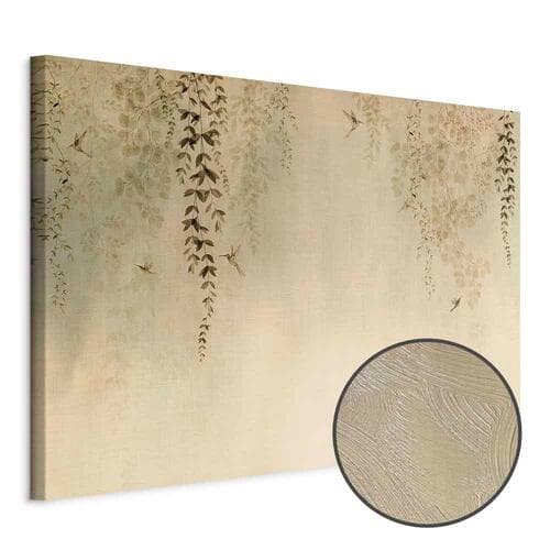 Obraz na płótnie Wiosenny sad - koliberki wśród gałęzi drzew w odcieniach beżu 30×20 cm, płótno standard