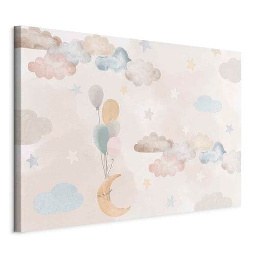 Leinwandbild Księżyc niczym z bajki - Pastelowy księżyc z balonikami wśród kolorowych chmur i gwiazdek w stonowanych kolorach na jasnym tle 90×60 cm, Standardleinwand