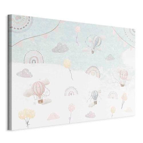 Картина на холсте Niebo z balonami - Balony w stonowanej kolorystyce latające po niebie wśród chmur tęczy i gwiazd 60×40 см, стандартный холст