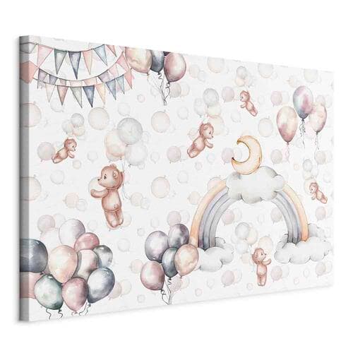 Leinwandbild Zabawkowe misie z balonikami - Latające pluszowe misie pośród balonów chmur i tęczy w subtelnej pastelowej kolorystyce 90×60 cm, Standardleinwand