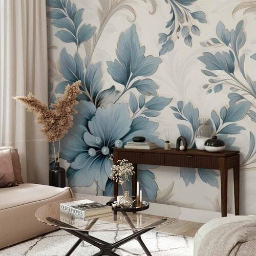 Fototapeta Turkusowe kwiaty w retro klimacie - florystyczne ornamenty 350×256 cm, flizelina standard