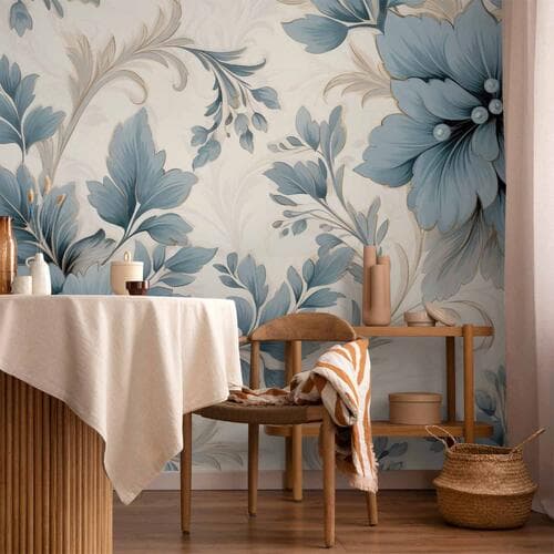 Фотошпалери Turkusowe kwiaty w retro klimacie - florystyczne ornamenty 100×70 см, вологостійкий матеріал