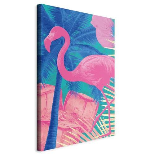 Obraz na płótnie Różowy Flaming - Abstrakcyjny Flaming na Tle Palm i Kostek Lodu 20×30 cm, płótno włoskie
