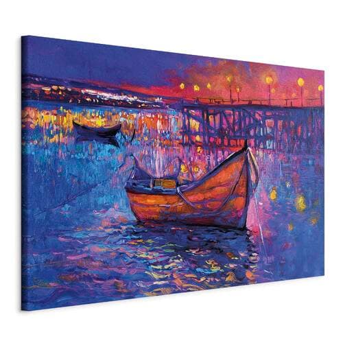 Obraz XXL Nowoczesny impresjonizm - nocny krajobraz jeziora z pływającą łódką 130×87 cm