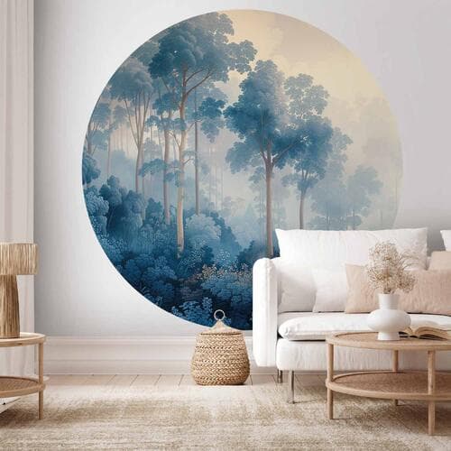 Fototapeta okrągła Lasek w mglistych odcieniach błękitu 140×140 cm, materiał samoprzylepny