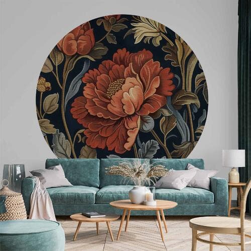 Fototapeta okrągła Gobelinowe wielkie kwiaty w stylu retro 140×140 cm, materiał samoprzylepny